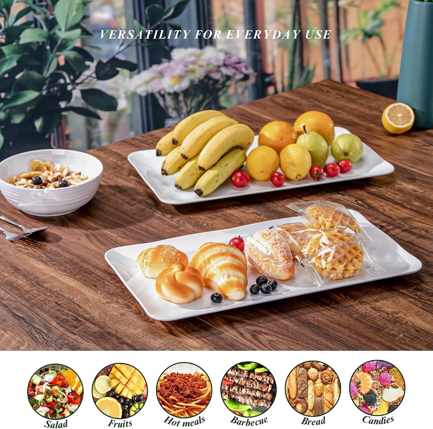 17-Inch Melamine Tray (Set of 2) - Unbreakable and Reusable Plastic Platters with Ceramic Feel, Stackable and Dishwasher-Safe - Versatile for All Meals