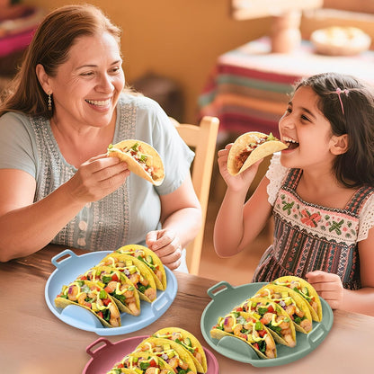 Silicone Taco Holders Plates - 3PCS Reusable Tacos Serving Tray Set with 4 Dividers, Dishwasher & Microwave Safe Shell Mold Tortilla Stand for Home Kitchen Fiesta Party Supplies (Green, Blue)