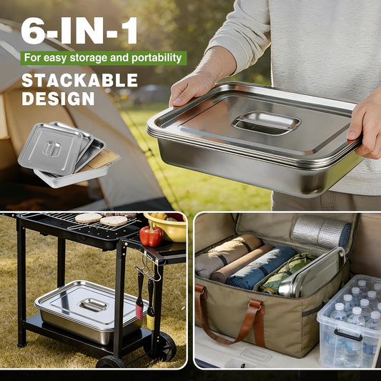 Lineslife 6pcs Grill Prep and Serve Trays, Stainless Steel Marinade Container with Lid, Grill Carry System Cutting Board for Outdoor Cooking BBQ Grill Accessories, Grilling Gift for Grill Lovers