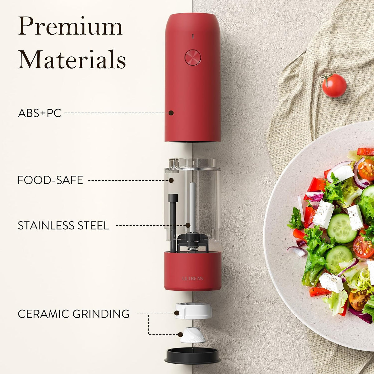 Ultrean Electric Salt and Pepper Grinder Set, Rechargeable,Matte Black