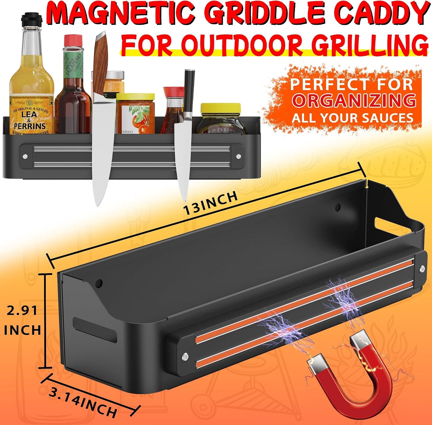 Magnetic Griddle Grill Caddy Organizer,Grill Caddy with Magnetic Tool Holder for Grilling BBQ,Space Saving Magnet Utensils Holder for Outdoor Blackstone Griddle