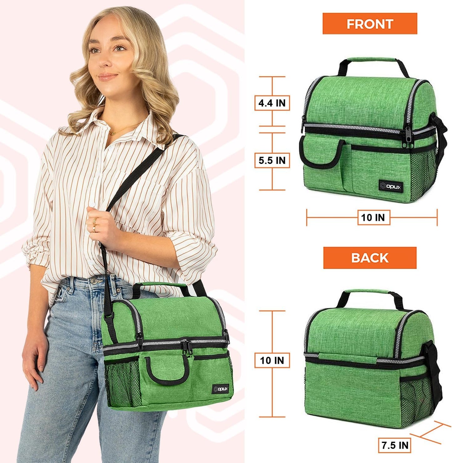 opux Insulated Lunch Bag Women Men, Dual Compartment Leakproof Lunch Box Adults Kids, Double Decker Meal Prep Bento Lunch Cooler Tote with Shoulder Strap for Work Office School Travel, Floral Purple