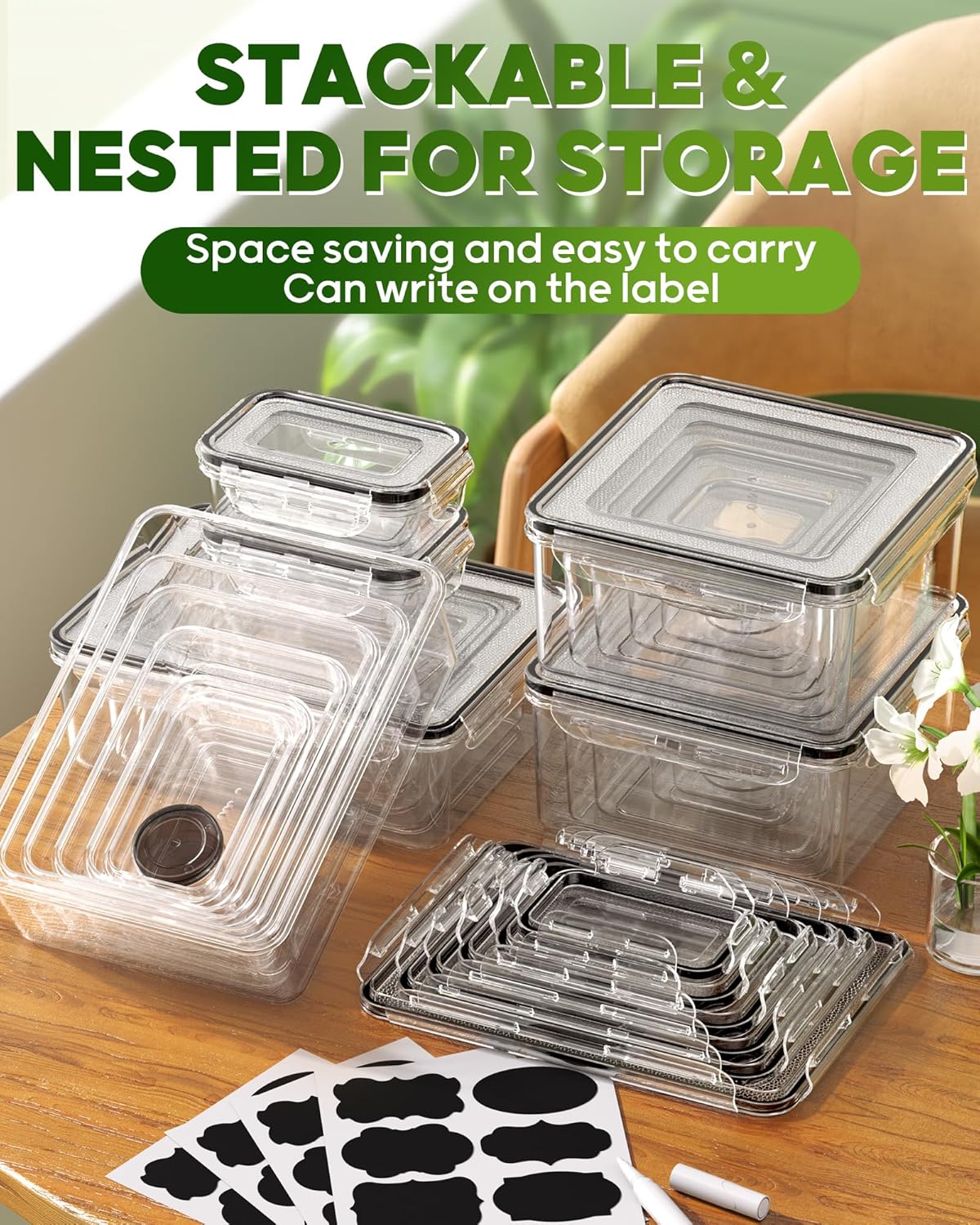 KEMETHY 60 PCS Food Storage Containers with Lids, BPA-Free Plastic Food Containers for Kitchen Storage, Leak Proof, Reusable Meal Prep Containers with Labels & Pen