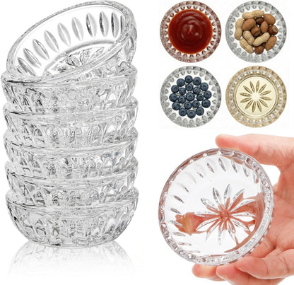 ZEAYEA Set of 8 Glass Dipping Sauce Cup, 2 oz Stackable Mini Glass Pinch Bowls for Spices, Condiments, Snack, Clear Floral Relief Design Small Prep Bowls for Kitchen, Party, Gift, Dishwasher Safe