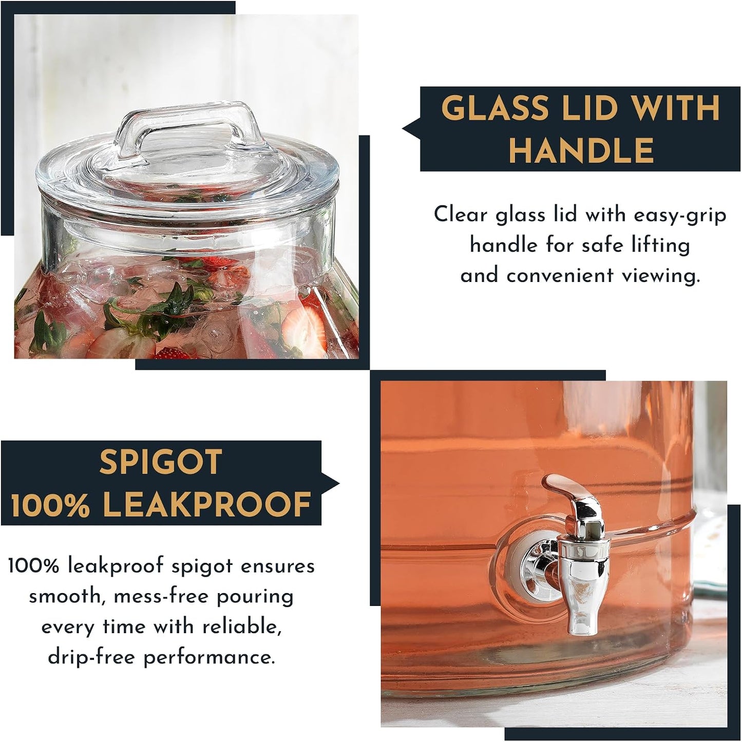 3 Gallon Glass Drink Dispenser with Metal Stand & Lid – Hammered Beverage Dispenser with Leakproof Spigot, Wide Mouth for Easy Fill – Ideal for Parties, Lemonade, Iced Tea, Sangria & More