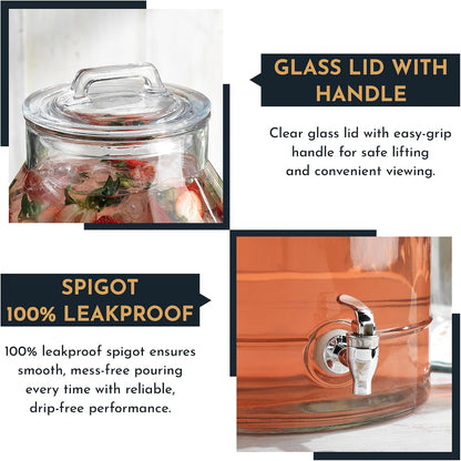 3 Gallon Glass Drink Dispenser with Metal Stand & Lid – Hammered Beverage Dispenser with Leakproof Spigot, Wide Mouth for Easy Fill – Ideal for Parties, Lemonade, Iced Tea, Sangria & More