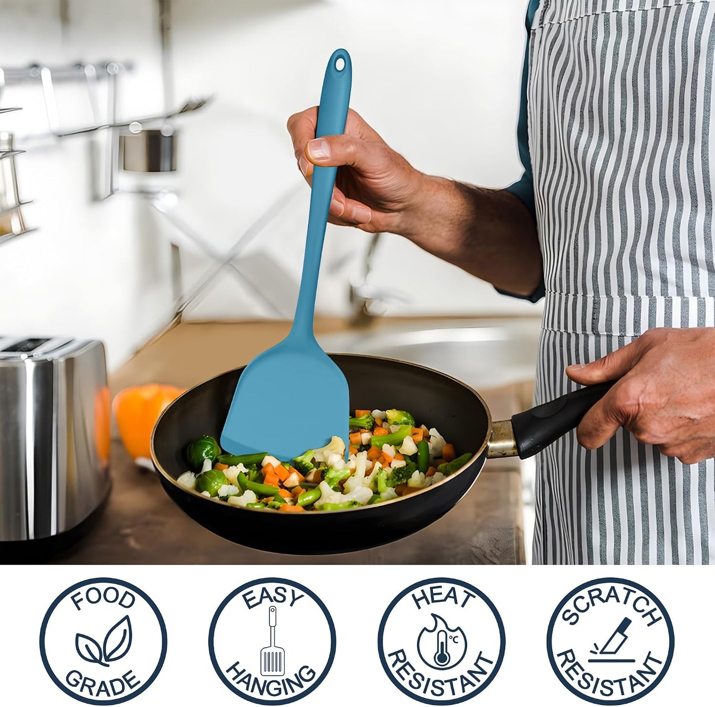 E-far Silicone Cooking Spoon Set of 2, Heat Resistant Kitchen Spoons Utensils Nonstick Mixing Spoon for Baking Stirring Serving, Non-Toxic & Dishwasher Safe (Black)