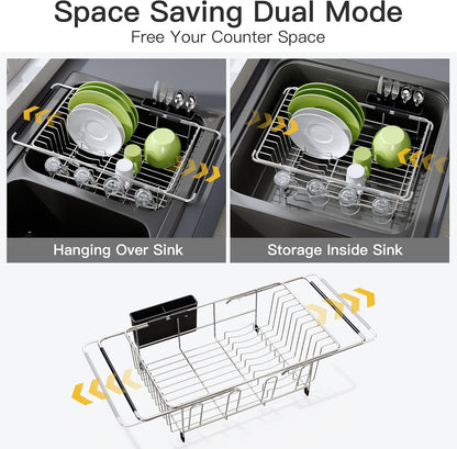 JASIWAY Dish Drying Rack in Sink, Expandable Stainless Steel Dish Drainers for Kitchen Counter, Dish Dryer Rack for Inside Sink, Over The Sink Dish Racks with Utensil Holder, Silver