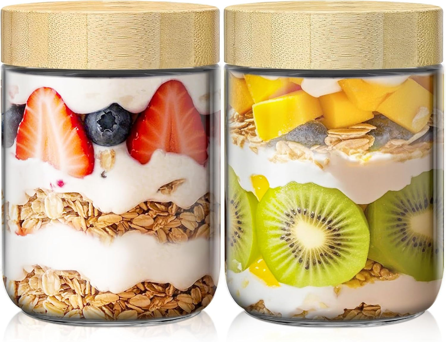 6 Pack 16oz Overnight Oats Containers with Bamboo Lids, Glass Jars with Airtight Lids for Meal Prep, Wide Mouth Mason Salad Jars, Glass Food Storage Container for Yogurt Chia Snacks Spice Sugar