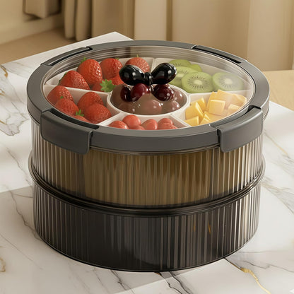 2-Tier Divided Serving Tray with Lid & Bow Knob – Large Stackable Snack Vegetable Trays Container for Fruit Veggie Candy Nuts & Cookies – Ideal for Party Buffet & Home (Clear Black)