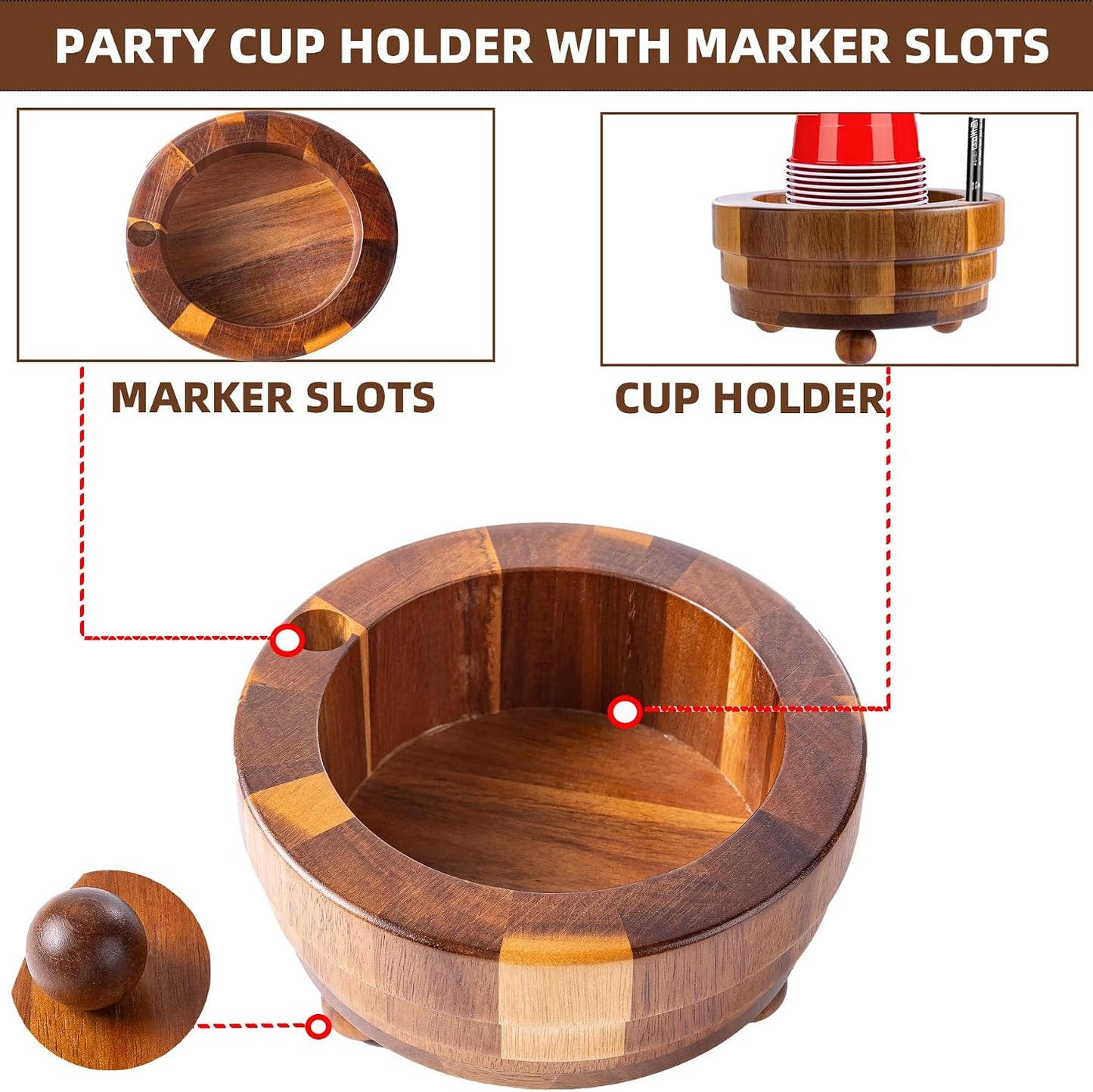 Acacia Wood Cup Holder with Marker Slot, Paper Cup Storage Box Mark Your Cup and Drink Up, Rustic Disposable Cup Dispenser for Party Bar Kitchen Bathroom