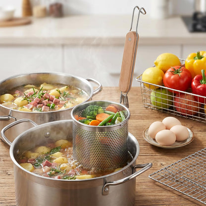 4 Pcs Stainless Steel Pasta Strainer Basket, Metal Noodle Strainer Basket with Wooden Handle, Pasta Baskets for Cooking, Boiling, Draining, Deep Mesh Sieve for Spaghetti, Dumplings, Vegetables