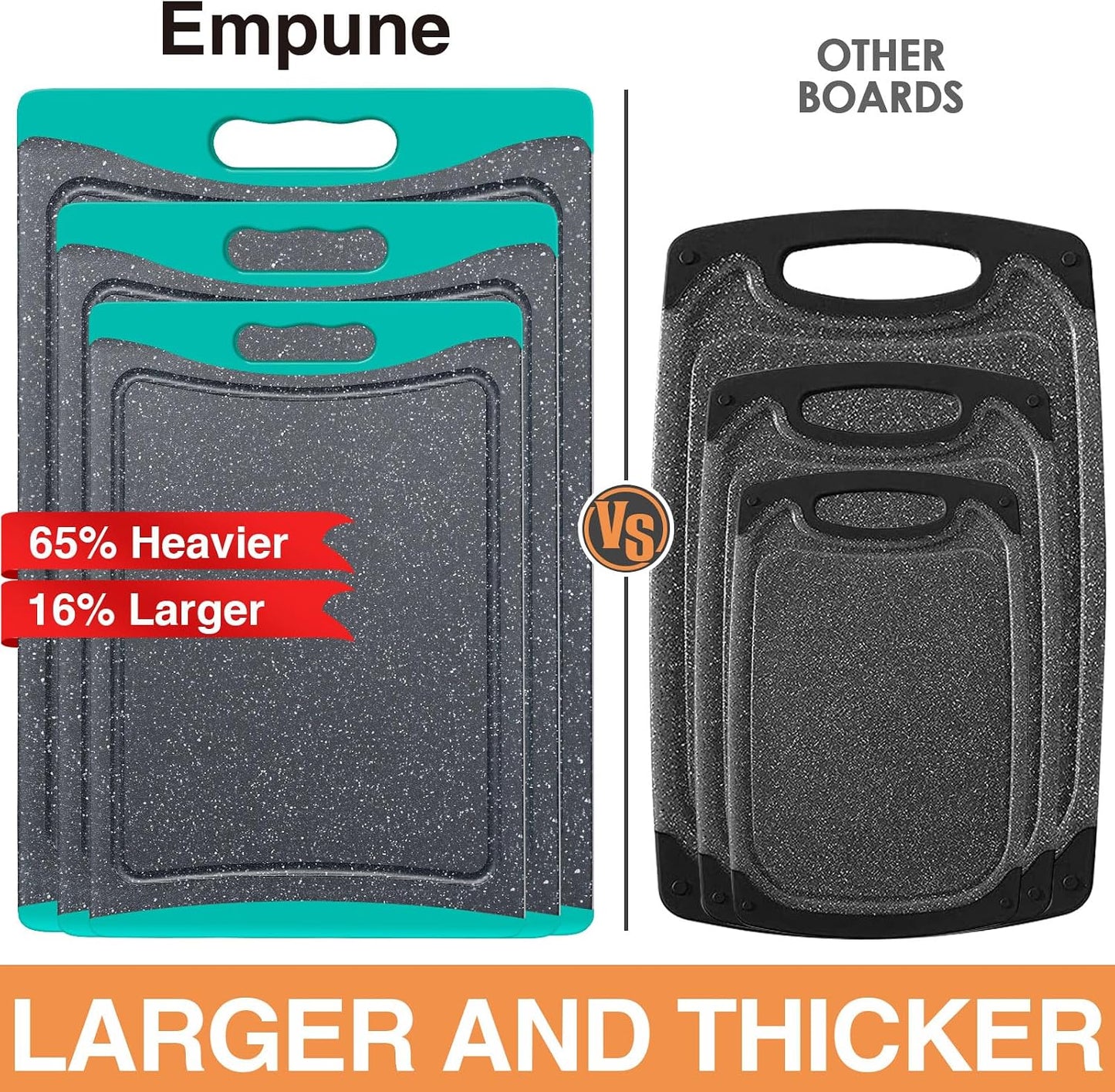 Extra Large Cutting Boards, Plastic Cutting Boards for Kitchen (Set of 3) Cutting Board Set Dishwasher Chopping Board with Juice Grooves Easy-Grip Handles, Dark Grey, Empune