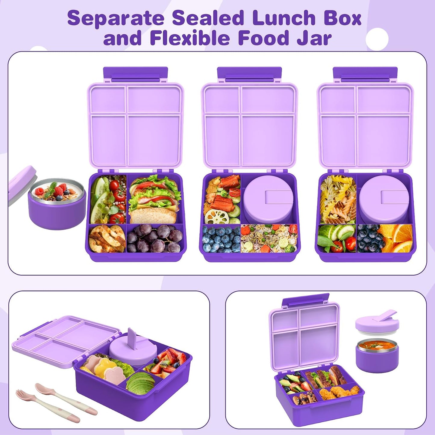 Pawtong Bento Lunch Box with 8oz Soup Thermo, Kids Leakproof Lunch Food Containers with 4 Compartment, Kids Thermo Insulated Hot Food Jar for School, Trvael - (Pink)