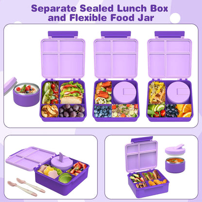 Pawtong Bento Lunch Box with 8oz Soup Thermo, Kids Leakproof Lunch Food Containers with 4 Compartment, Kids Thermo Insulated Hot Food Jar for School, Trvael - (Pink)