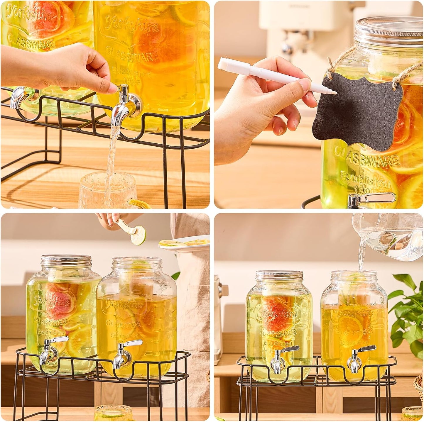 1 Gallon Glass Drink Dispensers for Parties, 2 Pack Beverage Dispenser with Stand, Fruit Infuser & Leakproof Stainless Steel Spigot, Juice Dispenser for Lemonade, Iced Tea, Sun Tea & Infused Water