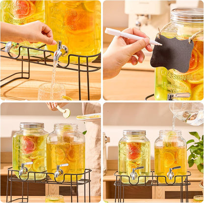 1 Gallon Glass Drink Dispensers for Parties, 2 Pack Beverage Dispenser with Stand, Fruit Infuser & Leakproof Stainless Steel Spigot, Juice Dispenser for Lemonade, Iced Tea, Sun Tea & Infused Water
