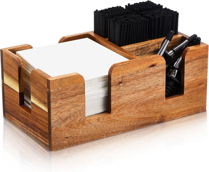 Mifoci Wooden Bar Caddy with 6 Compartments, Acacia Wood Bar Caddy Napkin & Straw Holder Organizer Cocktail Napkin Holder Condiments for Home Office Kitchen Countertop (Brown, 10.6 L x 5.5 W)