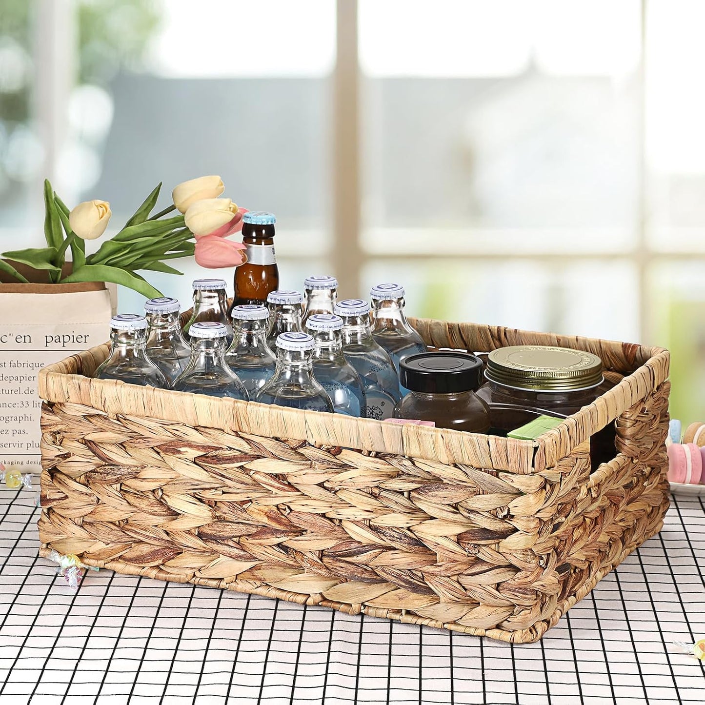 Hipiwe Wicker Basket Water Hyacinth Baskets Rectangular Decorative Baskets Bin for Shelf Organizing, Handwoven Storage Basket Bins with Built-in Handles,15.9"x12"x5.9"