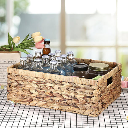 Hipiwe Wicker Basket Water Hyacinth Baskets Rectangular Decorative Baskets Bin for Shelf Organizing, Handwoven Storage Basket Bins with Built-in Handles,15.9"x12"x5.9"