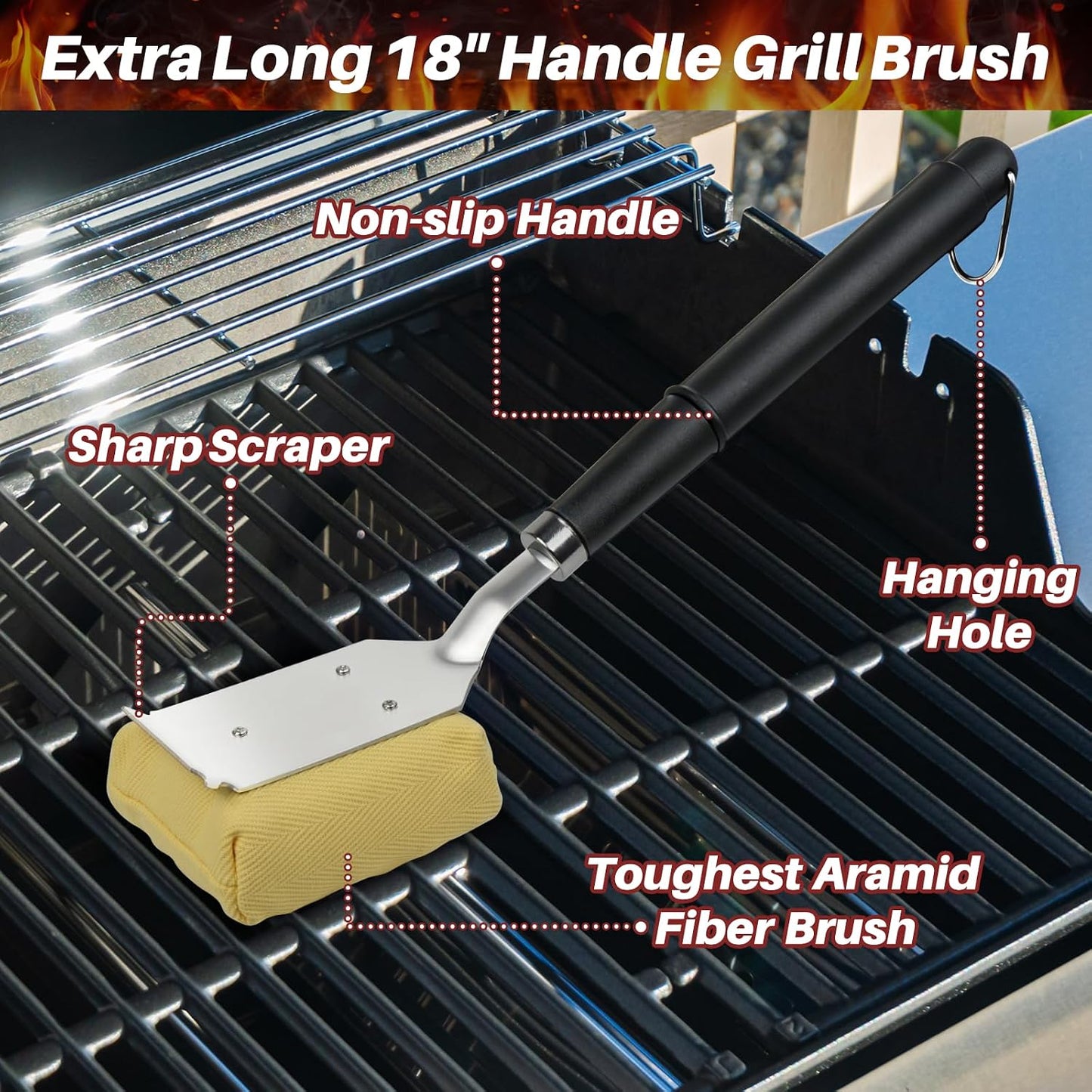 TNTOR Grill Brush Bristle Free with Scraper, 2 Removable BBQ Clearning Brush Head and 18" Handle BBQ Grill Brush for Outdoor Grill, Grill Tools for Grill/Smoker/Gas/Charcoal, Grill Gifts for Dads