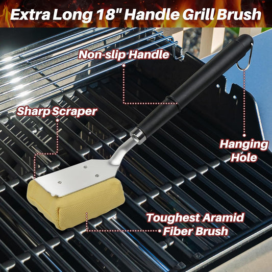 TNTOR Grill Brush Bristle Free with Scraper, 2 Removable BBQ Clearning Brush Head and 18" Handle BBQ Grill Brush for Outdoor Grill, Grill Tools for Grill/Smoker/Gas/Charcoal, Grill Gifts for Dads