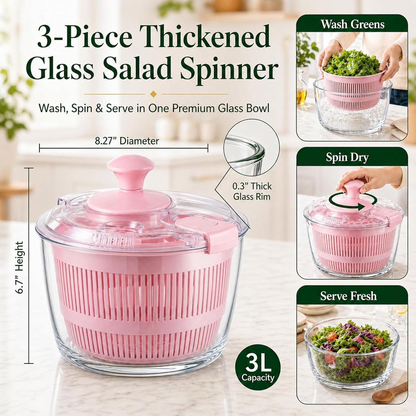 Glass Salad Spinner 3.2 Qt, Small Salad Spinner with Glass Bowl Removable Lid for Easy Cleaning Dishwasher Safe Glass Bowl Vegetable and Fruit Washer Dryer with Drain Spout Crank Handle White
