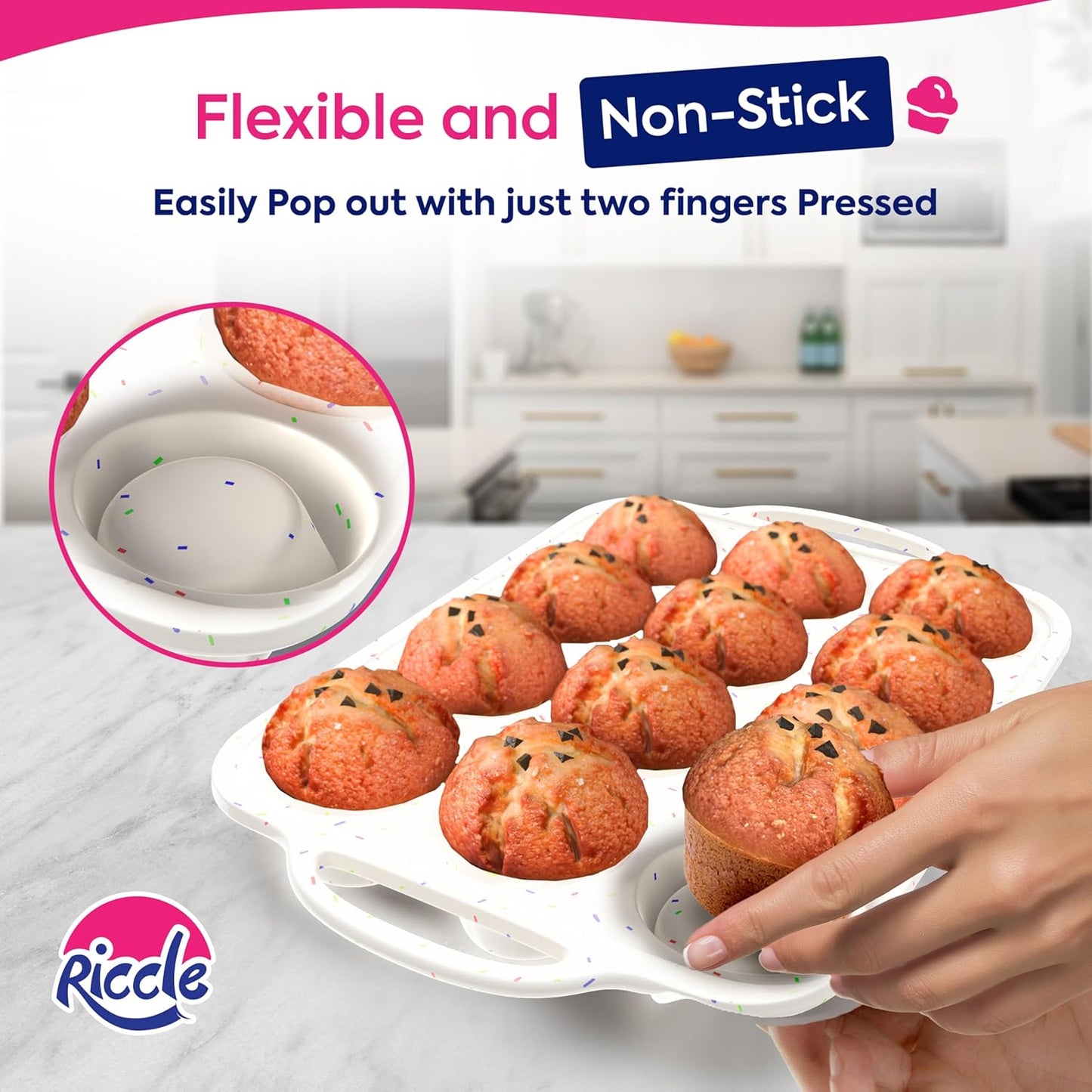 RICCLE 2 Pack Silicone Muffin Pans for Baking with Metal Reinforced Frame - Regular 12 Cup Silicone Muffin Pan & 24 Cup Mini Cupcake Pans - Silicone Cupcake Pan Set - Oven & Dishwasher Safe, BPA-Free