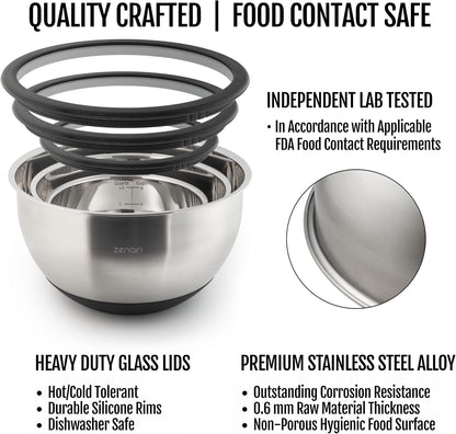 Premium Quality Stainless Steel Mixing Bowls with Lids, 3-Piece Set, Dishwasher-Safe Clear Glass Lids, No Plastics