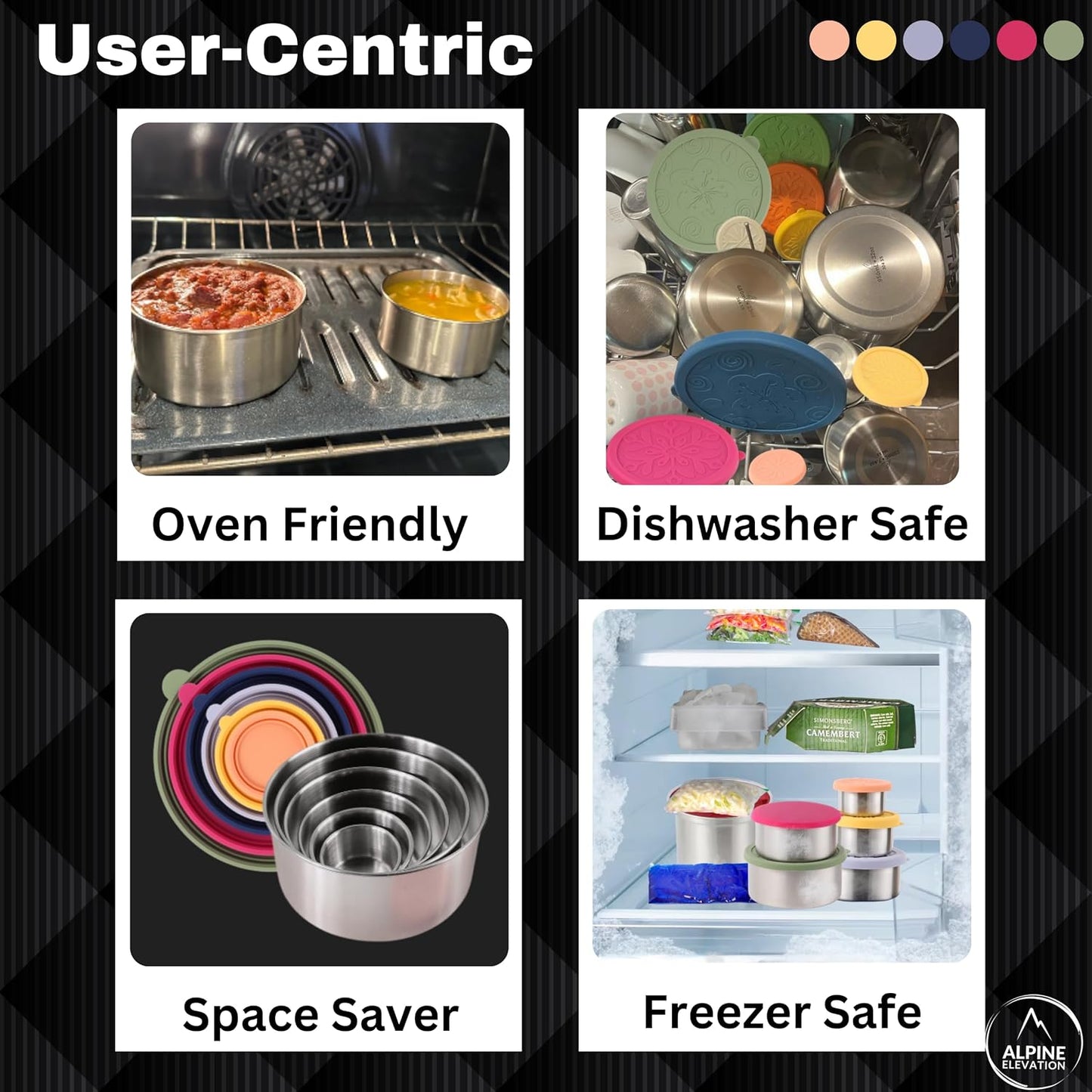 Alpine Elevation 12 Pcs - 6 Stainless Steel Containers + 6 Silicone Lids | 304 Stainless Steel Snack Container | Nesting Snack and Dip Containers | Metal Food Storage