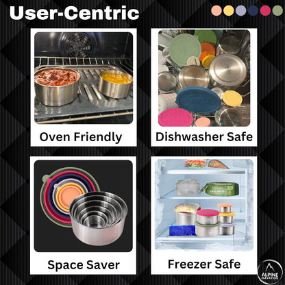 Alpine Elevation 12 Pcs - 6 Stainless Steel Containers + 6 Silicone Lids | 304 Stainless Steel Snack Container | Nesting Snack and Dip Containers | Metal Food Storage