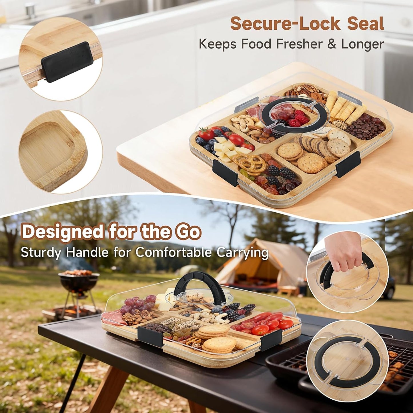 Bamboo Charcuterie Boards with Lid, Travel Portable Cheese Board & Serving Tray with Clear Cover, Charcuterie Boxes for Picnic, Kitchen, Housewarming Gifts for Women & New Home (A-6 Compartment))