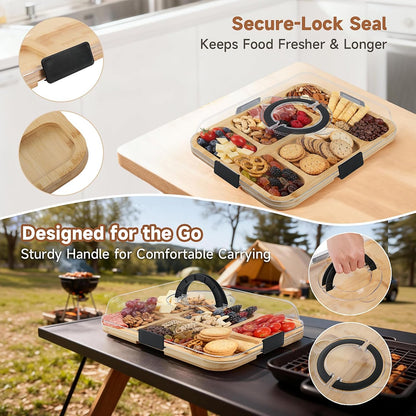 Bamboo Charcuterie Boards with Lid, Travel Portable Cheese Board & Serving Tray with Clear Cover, Charcuterie Boxes for Picnic, Kitchen, Housewarming Gifts for Women & New Home (A-6 Compartment))