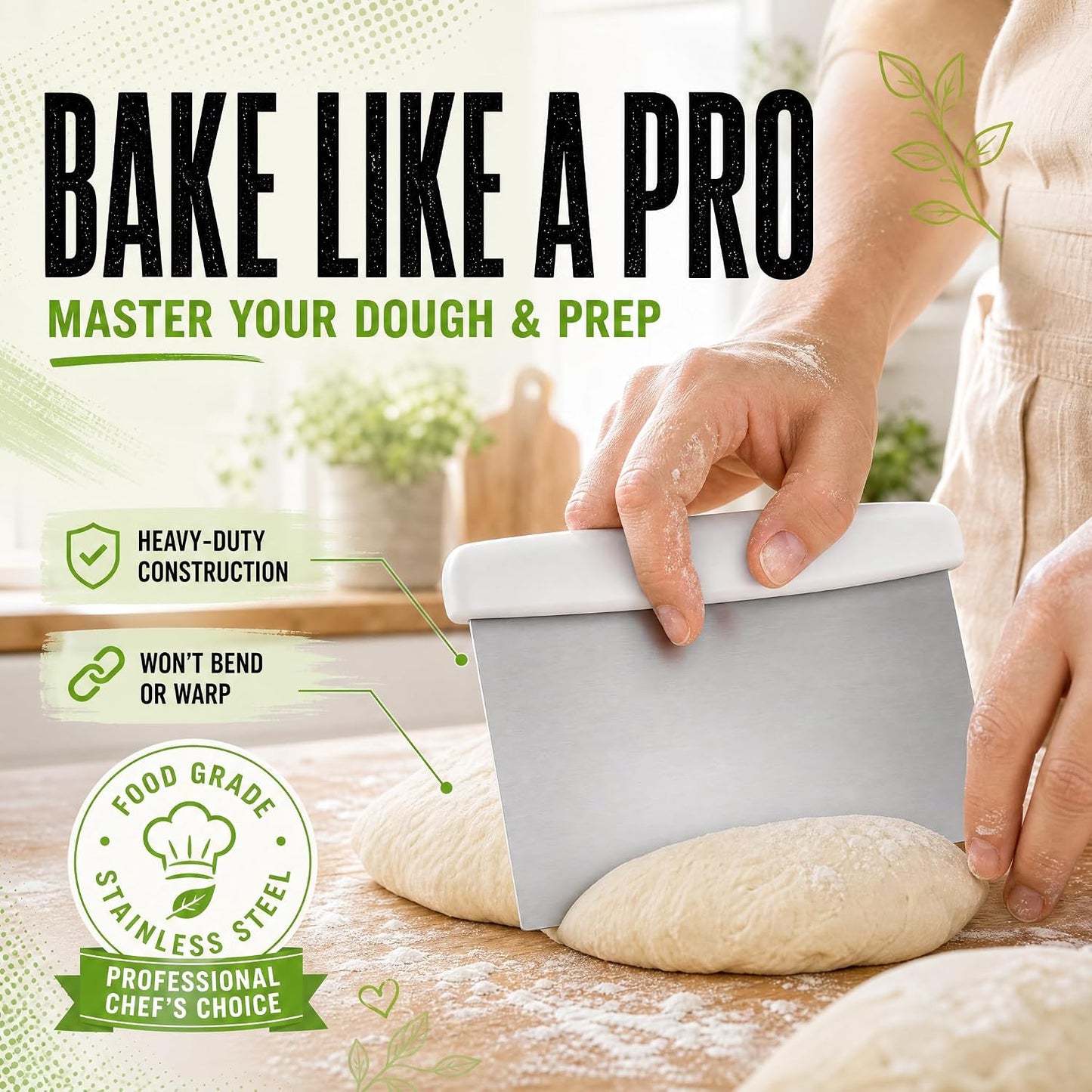 Stainless Steel Dough Cutter and Bench Scraper with White Plastic Handle - Pastry Scraper and Dough Divider for Bread, Pizza, Pastry, Baking Prep, and for Kitchen Use (5 7/8" x 4 1/4")