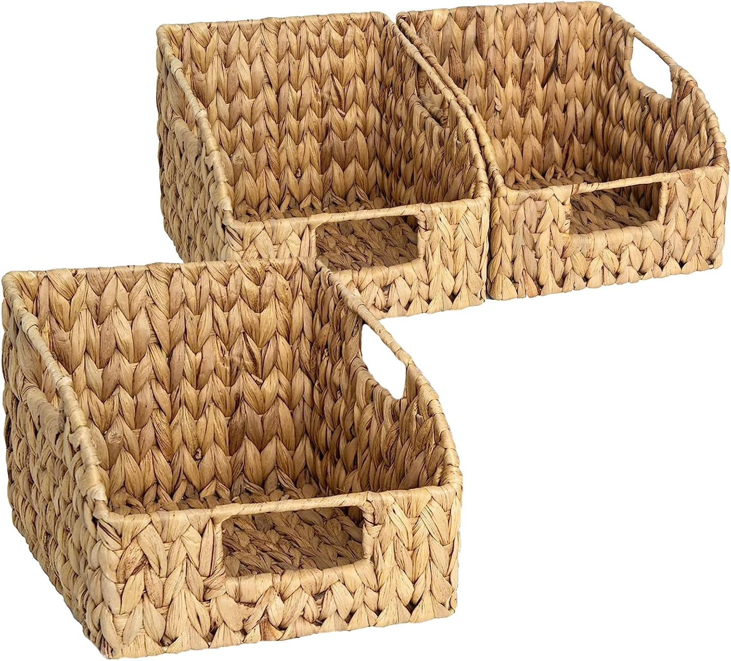 Vagusicc Wicker Storage Baskets for Organizing, 3-pack Hand-Woven Wicker Baskets with Built-in Handles, Water Hyacinth Storage Baskets for Shelves Storage, Small Pantry Baskets Kitchen Organizers