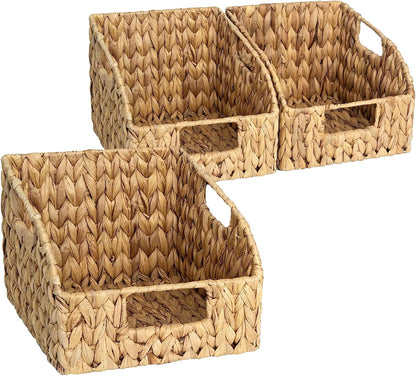 Vagusicc Wicker Storage Baskets for Organizing, 3-pack Hand-Woven Wicker Baskets with Built-in Handles, Water Hyacinth Storage Baskets for Shelves Storage, Small Pantry Baskets Kitchen Organizers