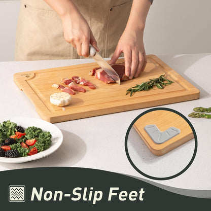 3 Packs Bamboo Cutting Board Set with Non Slip Feet Holder and Over Sink Nice Solid Thick Wood Juice Groove Chopping Board Extra Large Big Small Best Hardwood Kitchen Organic Vegetable Meat BBQ Kit