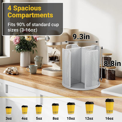 4-Compartment Rotating Paper Cup Holder & Coffee Cup Lid Storage Dispenser, Plastic Cup Dispenser Removable, Space-Saving Countertop Cup Holder for Coffee Bars, Kitchens (Black)
