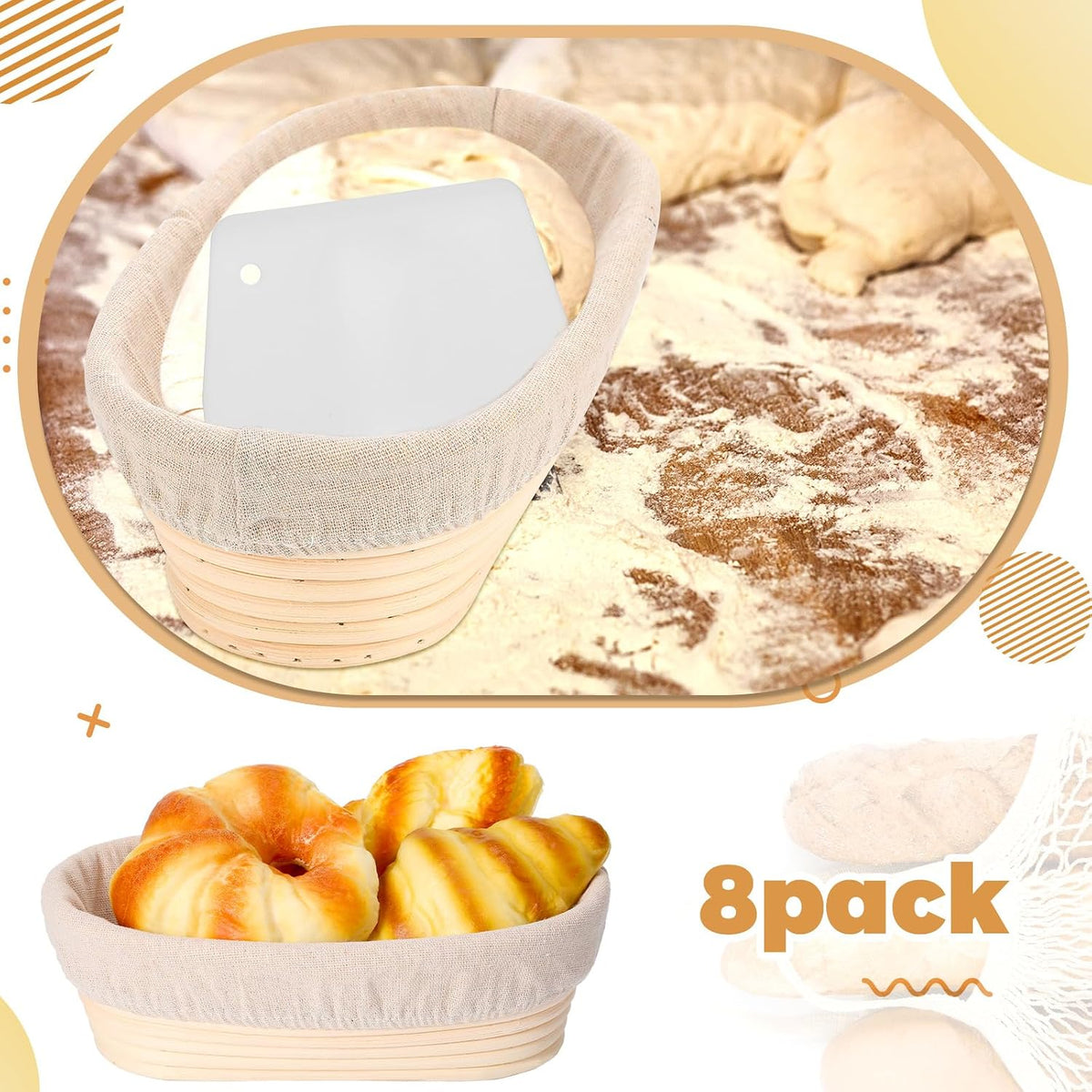 Gejoy 8 Pack 10 Inch Oval Banneton Bread Proofing Basket for Bakers