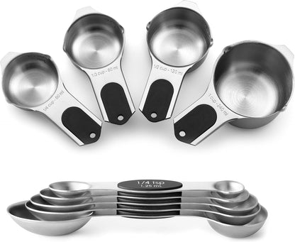 Spring Chef Magnetic Measuring Cups & Spoons Set, Patented, Strong N45 Magnets, Heavy Duty Stainless Steel Fits in Spice Jars for Baking & Cooking, BPA Free, Round Set of 15 with Leveler, Black