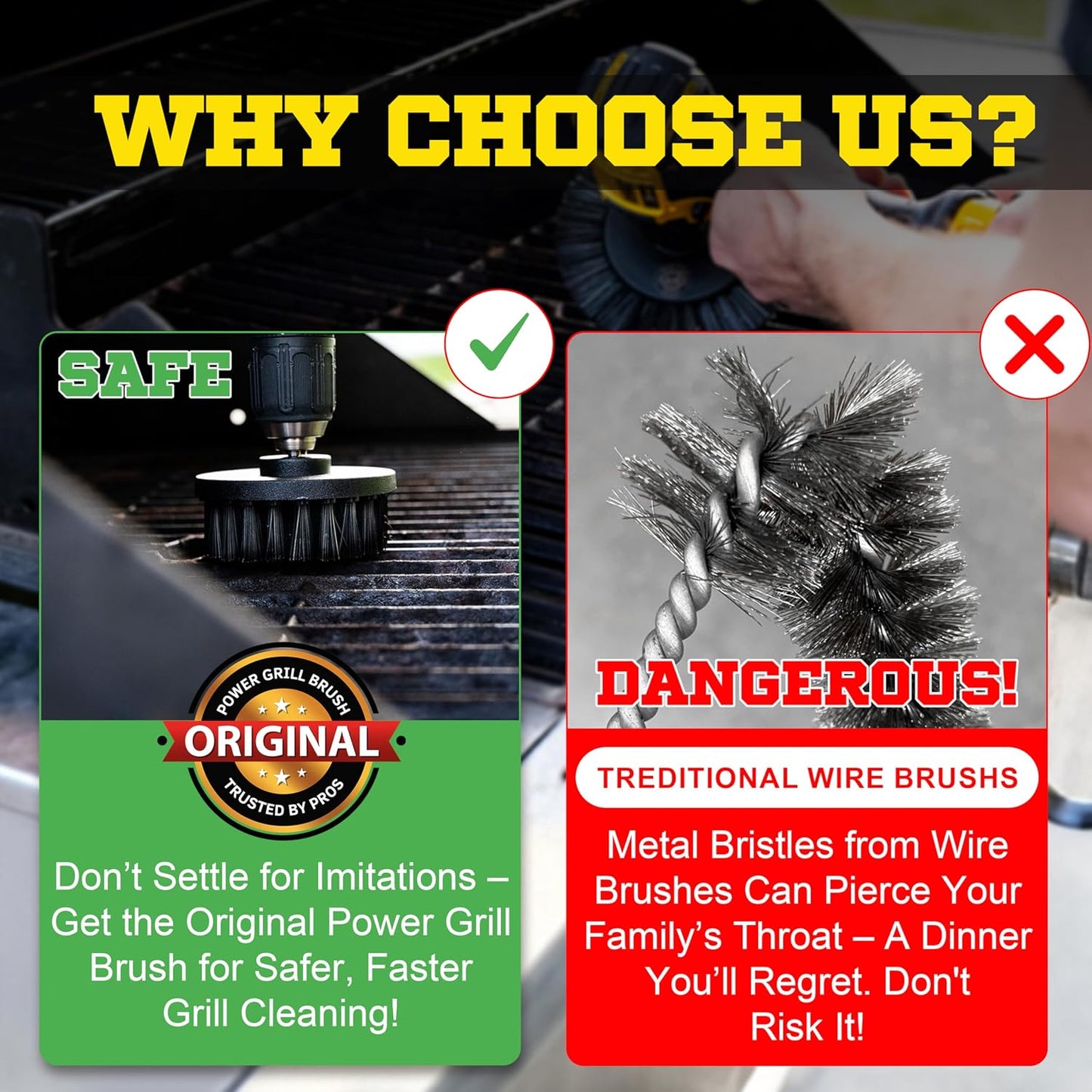 Power Grill Brush - Grill Brush 5 Piece BBQ Cleaning Kit - Nylon Safe Bristle, Wire Free, Safe for All Grates Stainless Steel, Porcelain, Charcoal Smoker Grill Cleaner Scraper, Accessories Outdoor