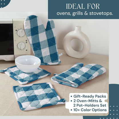 Oven Mitt (7"x13") & Pot Holder (8"x8") 100% Cotton Set of Heat Resistant Oven Gloves & Hot Pads for Gifts, BBQ, Cooking, Baking, Thanksgiving - Mustard Yellow