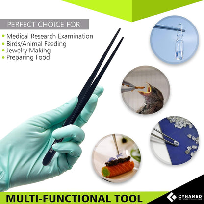 Cynamed 10” Kitchen Premium Tongs Tweezers Stainless Steel, Long with Precision Serrated Tips (Blue, Bayonet)