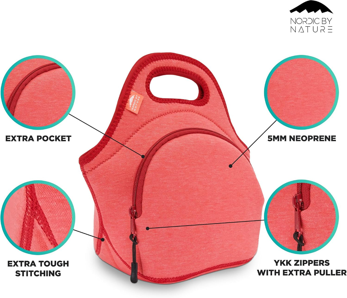 Nordic By Nature Large Neoprene Lunch Bag for Women & Lunch tote for Kids Insulated Lunch bag Reusable Washable Extra Thick Neoprene & Soft Cotton Feel, Premium Stitching, Outside Pocket, (L) Black