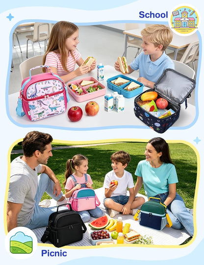 VASCHY Lunch Box Bag for Kids, Insulated Double Compartments Cooler Lunch Tote for Toddlers Boys Girls School/Daycare/Picnic Black Dinos