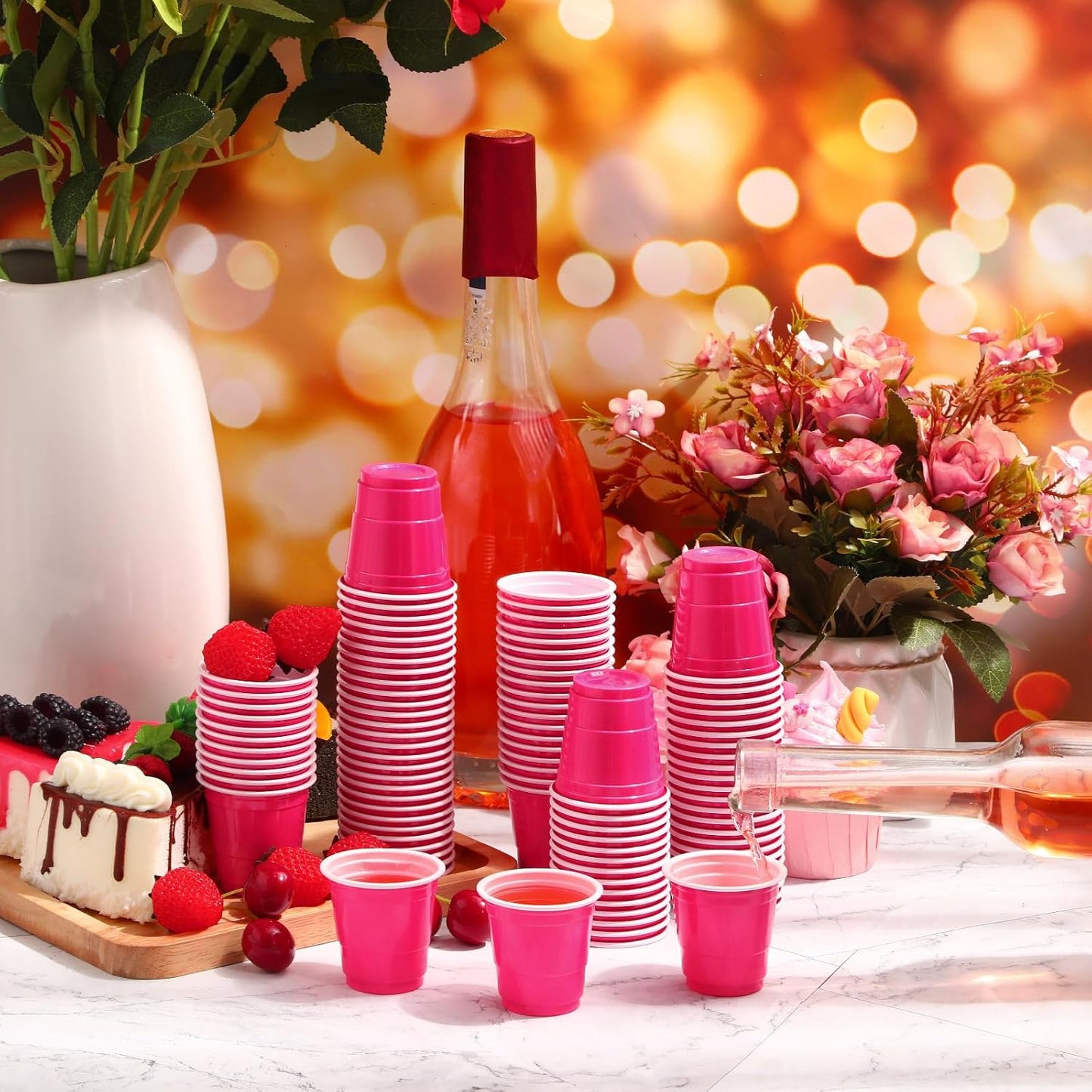 Roshtia 100 Pack 2 oz Plastic Shot Cups, Mini Disposable Shot Glasses 2 oz Wedding Party Cups for Bridal Shower Wedding Party, Beer Taste Serving, Snacks(Black, Gold)
