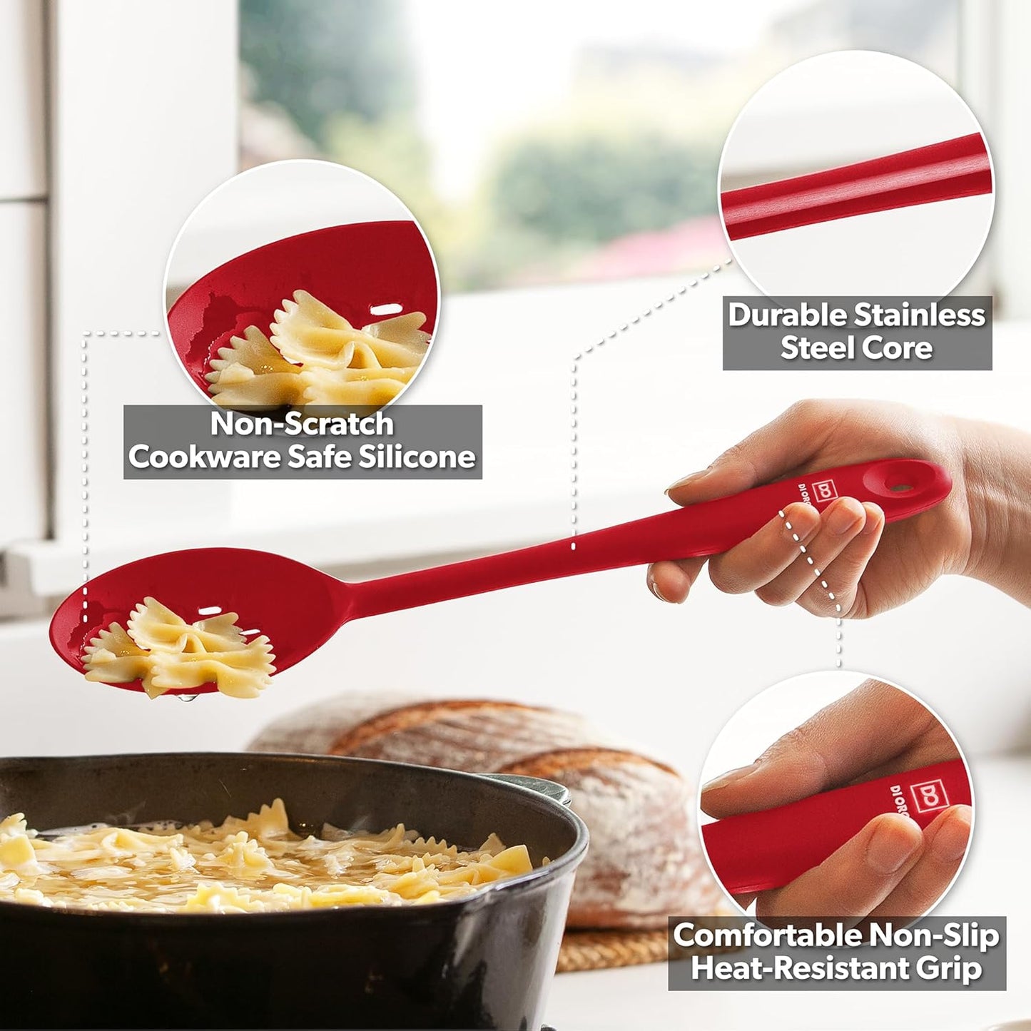 DI ORO Silicone Spoons for Cooking - Large Kitchen Spoons for Mixing, Serving, & Stirring - 600°F Heat-Resistant Non Stick Utensils – Big Solid & Slotted - Dishwasher Safe (2pc, Black)