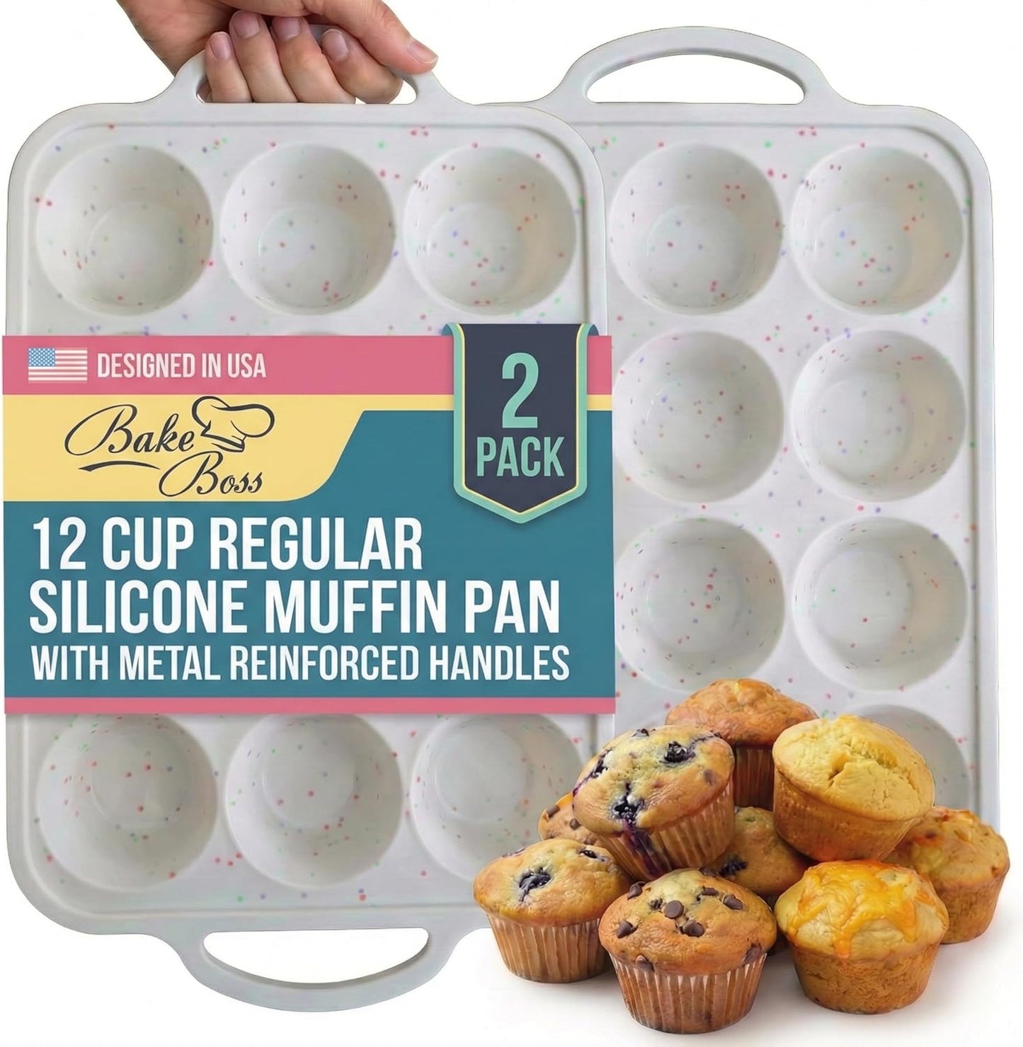 2-Pack Silicone Muffin Pan Set – Regular 12 Cup & Mini 24-Cup Silicone Muffin Pans for Baking – Nonstick Silicone Cupcake Pan with Metal-Reinforced Handles – BPA-Free, Dishwasher-Safe, Cream