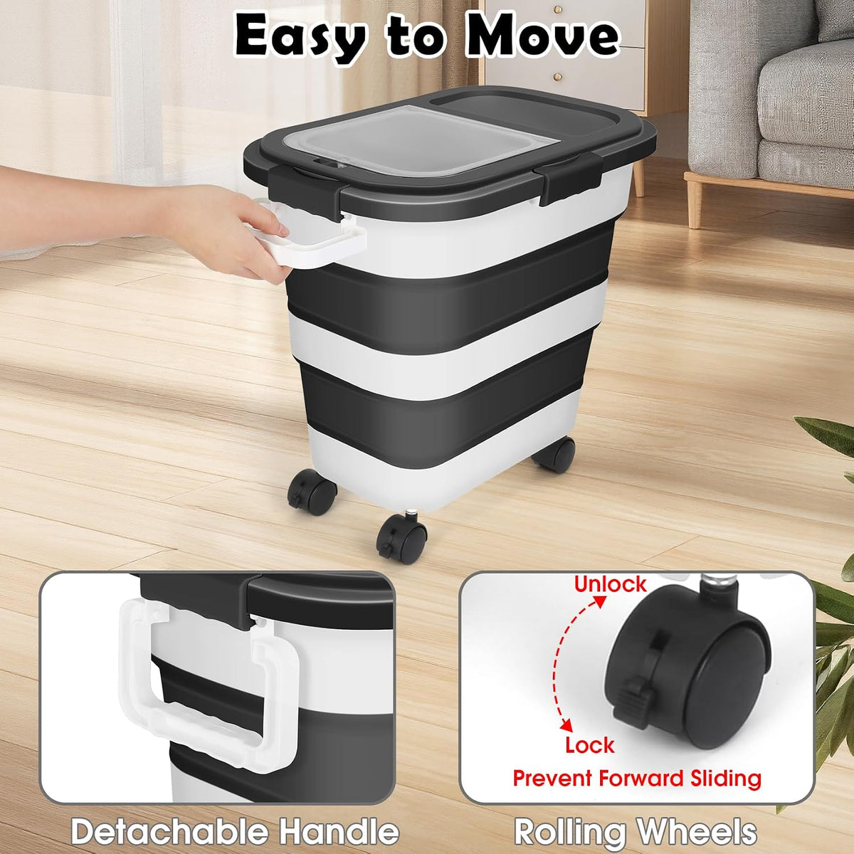 Dog Food Storage Container, 25Lbs Large Collapsible Pet Cat Food Container with Airtight Lids Wheels Handle Scoop Measuring Cup Small Container, Rice Kitchen Dry Food Storage Dispenser Bin (Black)