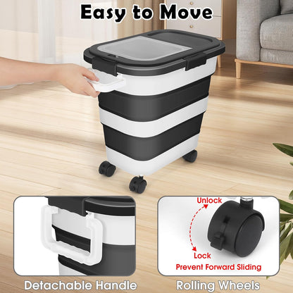 Dog Food Storage Container, 25Lbs Large Collapsible Pet Cat Food Container with Airtight Lids Wheels Handle Scoop Measuring Cup Small Container, Rice Kitchen Dry Food Storage Dispenser Bin (Black)
